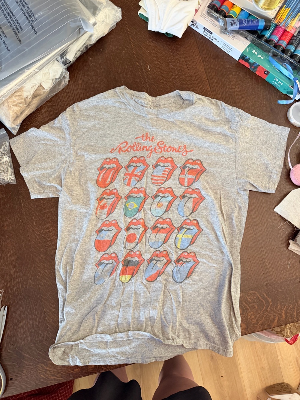 the Rolling Stones Light Gray Short Sleeve Tee with Red Tongue Graphics